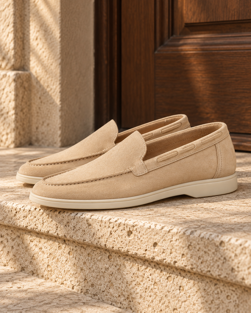 Loafers Dalvori de camurça bege sobre pedra clara.