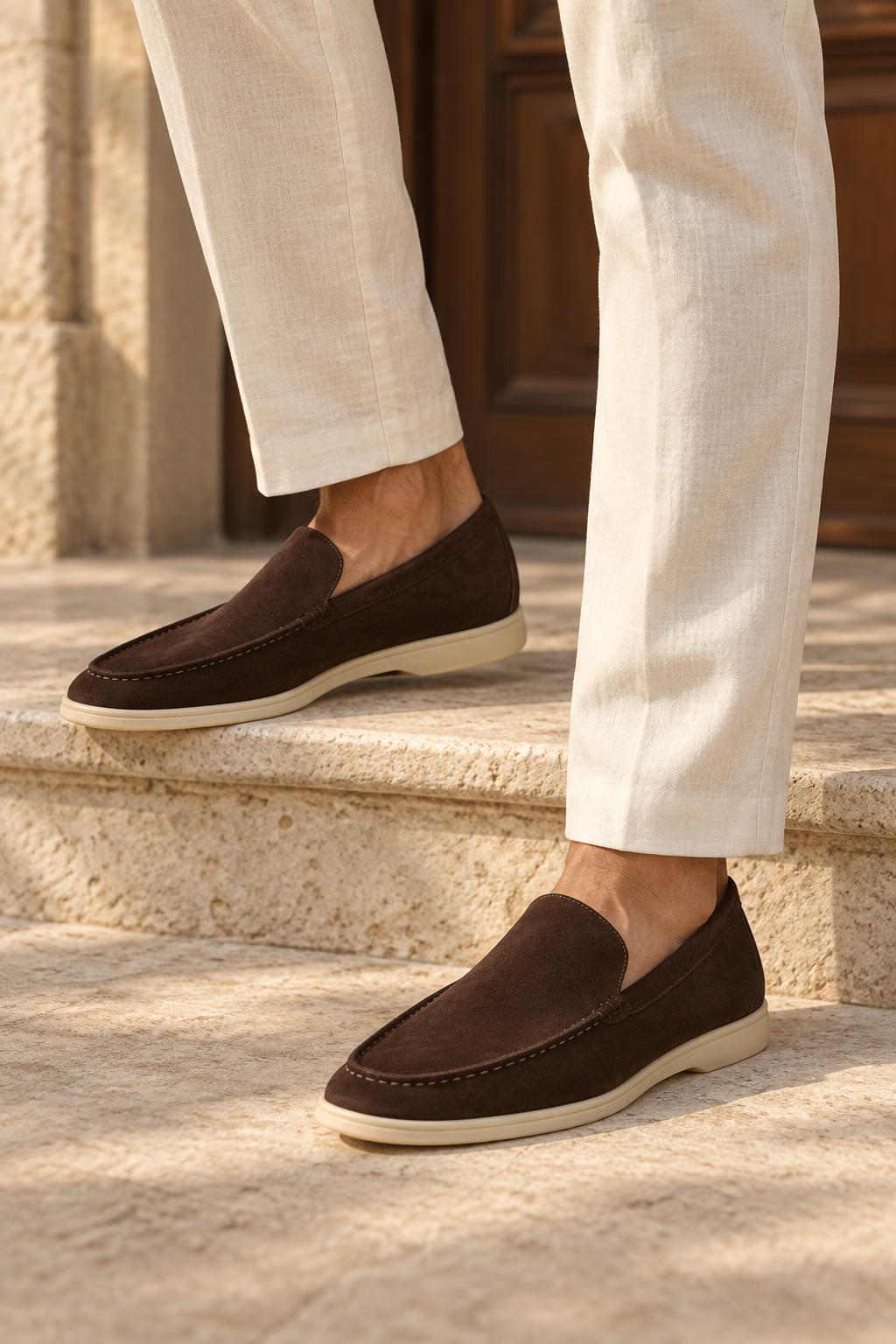 Campanha Dalvori: loafers de camurça café com calça de linho marfim