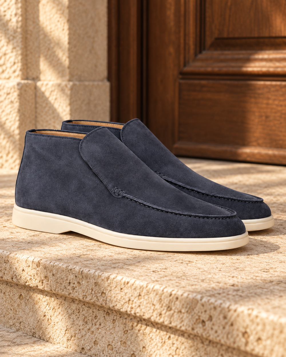 Botas Loafer Luxury Dalvori de camurça azul sobre pedra clara.